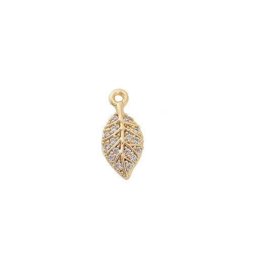 Terningformet Zirkon Micro Pave Messing vedhæng, Leaf, ægte forgyldt, du kan DIY & Micro Pave cubic zirconia, gylden, 5x12mm, Solgt af PC