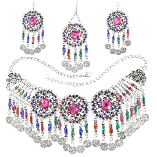 Zinklegering Sieraden Sets, hoofdkraag & oorbel & halsketting, Zinc Alloy, plated, drie stuks & folk stijl & voor vrouw & met strass, meer kleuren voor de keuze, 5Stel/Lot, Verkocht door Lot