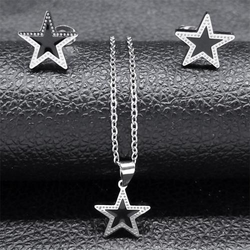 Strass Stainless Steel Jewelry Set, Stud Oorbel & halsketting, 304 roestvrij staal, Pentagram, 2 stuks & voor vrouw & met strass, 13x13mm, Lengte Ca 50 cm, Verkocht door Stel