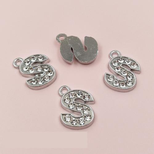 Cink ötvözet strasszos Medálok, Letter S, ezüst színű bevonattal, DIY, ezüst, nikkel, ólom és kadmium mentes, 13x16mm, 50PC-k/Bag, Által értékesített Bag