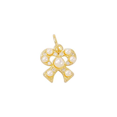 Cubic Zirconia Micro Pave Brass Pendant with Plastic Pearl Bowknot real gold plated DIY & micro pave cubic zirconia golden Sold By PC