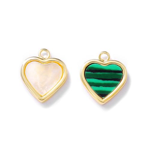 Pendentifs coeur en laiton, avec Malachite & coquille, Plaqué d'or, DIY & différents matériaux pour le choix, plus de couleurs à choisir, 10x12mm, Vendu par PC