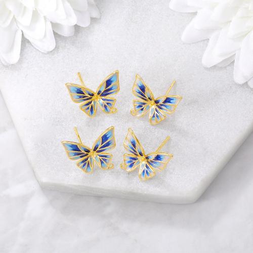 Brass Earring Stud Component Butterfly real gold plated DIY & enamel golden Sold By Pair