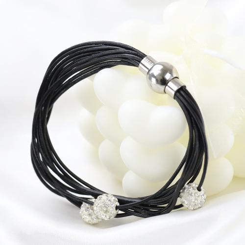 Titanium Steel Bracelet & Bangle with leather cord micro pave cubic zirconia & for woman black Sold By PC