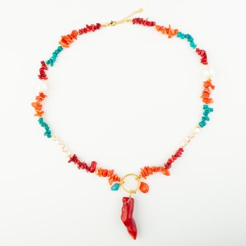 corail synthétique collier, avec laiton, style folk & unisexe, multicolore, Longueur Environ 33 cm, Vendu par PC