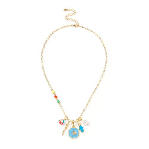 Zinc Alloy Necklace with Polymer Clay & Plastic Pearl Evil Eye gold color plated & for woman & enamel Sold By PC