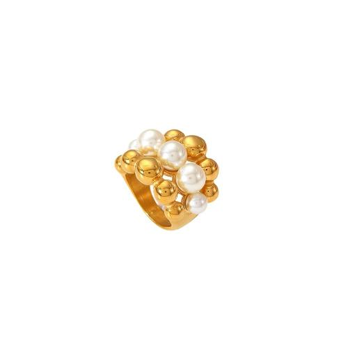 Titanium Steel Finger Ring with Plastic Pearl 18K gold plated fashion jewelry & for woman golden Sold By PC