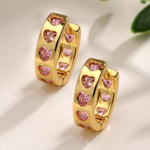 Cubic Zirconia Micro Pave Brass Earring Heart gold color plated micro pave cubic zirconia & for woman pink nickel lead & cadmium free Sold By Pair