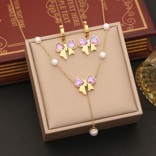 Rhinestone Stainless Steel Jewelry Set bracelet & earring & necklace 304 Stainless Steel Bowknot gold color plated & for woman & with rhinestone Sold By PC