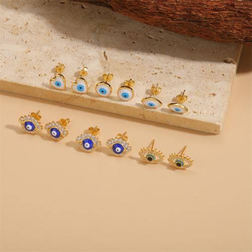 Evil Eye Earrings Brass gold color plated evil eye pattern & micro pave cubic zirconia & for woman & enamel nickel lead & cadmium free Sold By Pair