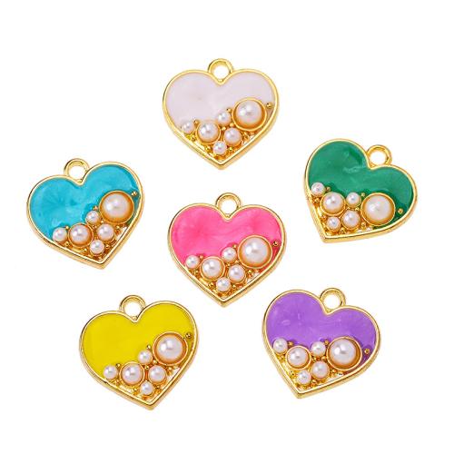 Zinc Alloy Enamel Pendants with Plastic Pearl Heart gold color plated DIY nickel lead & cadmium free Sold By Bag