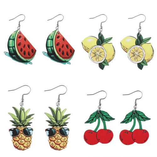 Wood Earring with 304 Stainless Steel Fruit printing fashion jewelry & for woman & double-sided Sold By Pair