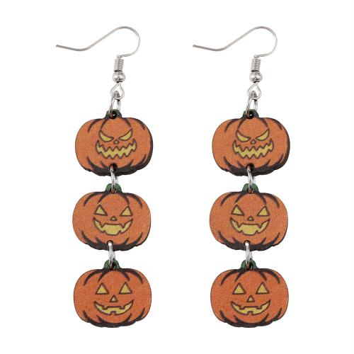 Wood Drop Earring with 304 Stainless Steel Pumpkin printing Halloween Design & for woman & double-sided Sold By Pair