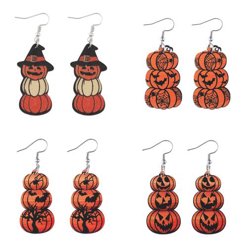 Wood Drop Earring with 304 Stainless Steel Pumpkin printing Halloween Design & for woman & double-sided Sold By Pair