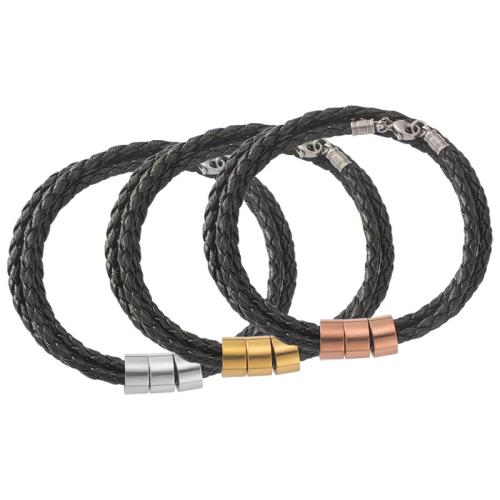 Leather Cord Bracelet 304 Stainless Steel with leather cord plated three layers & Unisex Sold By PC