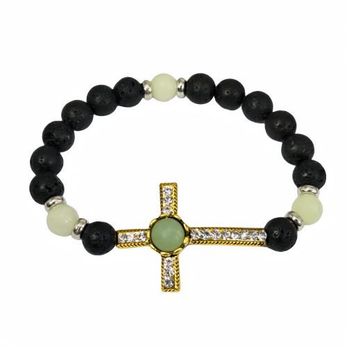 Lava Bracelet with Natural Fluorite & Zinc Alloy Cross Unisex & luminated & with rhinestone Inner Approx 55mm Sold By PC