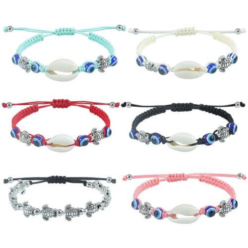 alliage de zinc bracelet, avec cordon de polyester & coquille & résine, tortue, fait à la main, unisexe & motif de mauvais œil & styles différents pour le choix, Longueur Environ 6-10 pouce, Vendu par PC