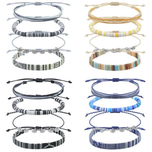 argile de polymère Set de bracelet, avec corde de cire & alliage de zinc, fait à la main, 4 pièces & Style bohème & unisexe, plus de couleurs à choisir, Longueur Environ 5.9-11.8 pouce, Vendu par fixé