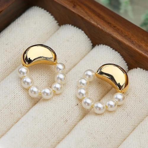 Zinc Alloy Stud Earring with Plastic Pearl 18K gold plated fashion jewelry & for woman white 25mm Sold By Pair