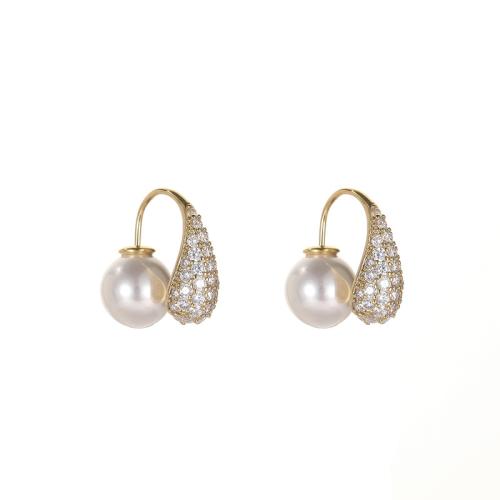 Mässing Stud Örhänge, med Plast Pearl, mode smycken & för kvinna & med strass, gyllene, 20mm, Säljs av Par