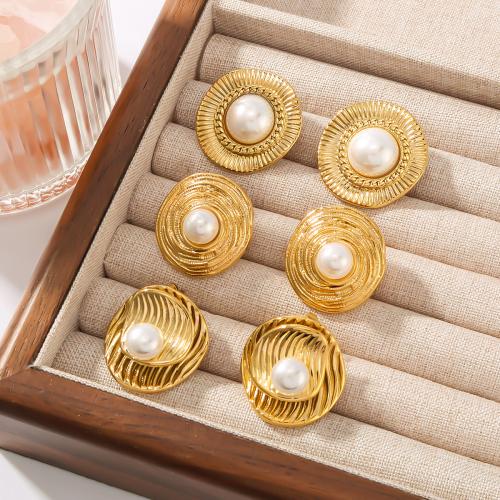 Stainless Steel Stud Earrings 304 Stainless Steel with Plastic Pearl gold color plated & for woman Sold By Pair