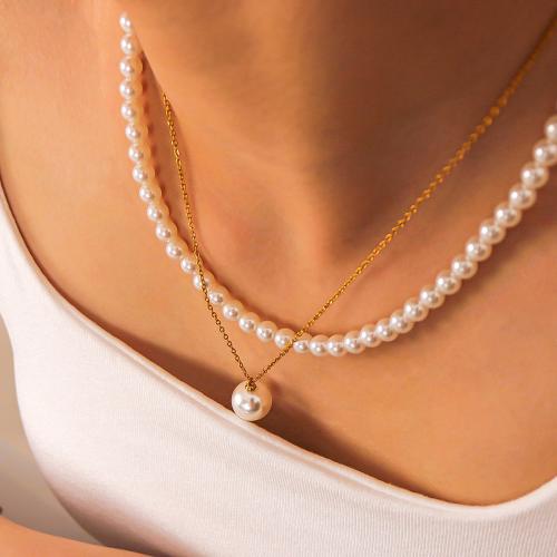 Plastic Pearl Necklace 304 Stainless Steel with Plastic Pearl gold color plated Double Layer & for woman white Sold By PC