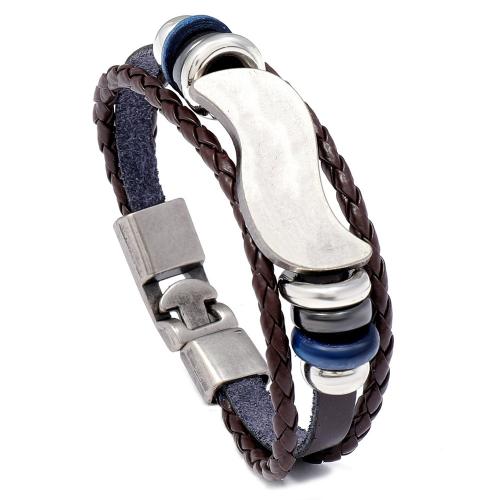 PU Cord Armbånd, Zinc Alloy, med PU & Træ & Kobber Coated Plastic, Unisex, flere farver til valg, Længde Ca. 20 cm, Solgt af PC