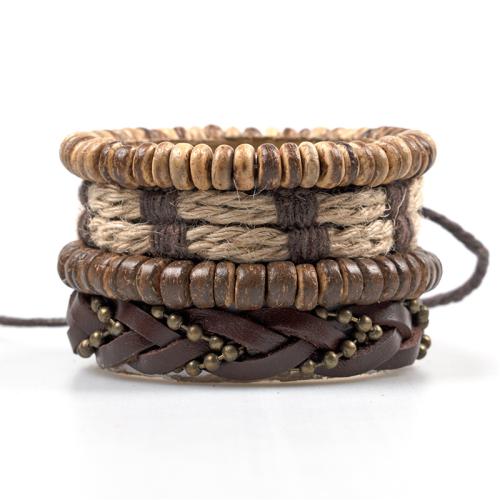 Leather Cord Bracelet Zinc Alloy with Full Grain Cowhide Leather & Linen & Coconut handmade Unisex brown Length Approx 17-18 cm Sold By Set