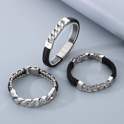 Stainless Steel Jewelry Bracelet 304 Stainless Steel with Leather Vacuum Ion Plating & for man Sold By PC