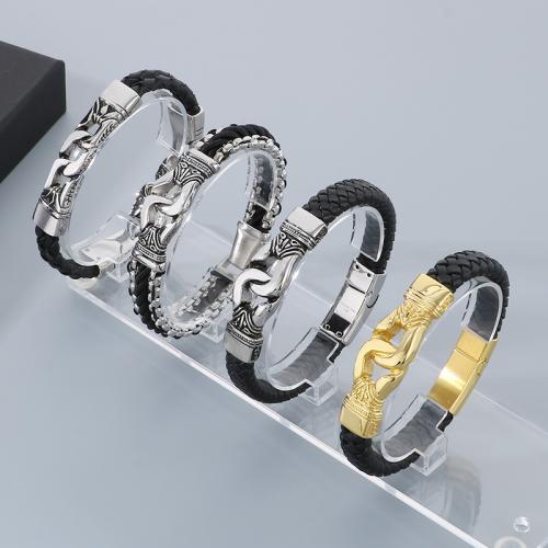 Stainless Steel Jewelry Bracelet 304 Stainless Steel with Leather Vacuum Ion Plating & for man Sold By PC