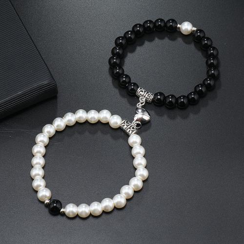 Glass Couple Bracelet with Glass Pearl & Zinc Alloy handmade 2 pieces & with magnetic & for couple Inner Approx 55mm Sold By Set