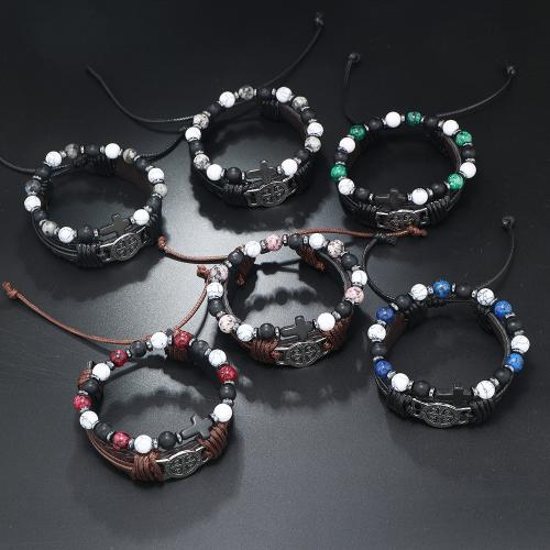 PU Leather Bracelet Set with Glass Beads & Gemstone & Zinc Alloy Cross handmade vintage & Unisex Sold By Set