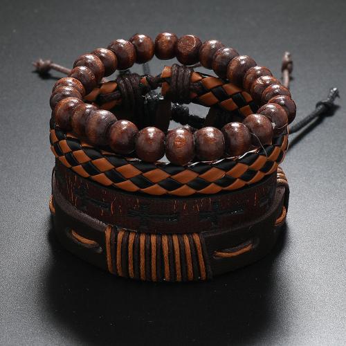 PU Leather Bracelet Set with Leather & Wood & Zinc Alloy handmade vintage & multilayer & Unisex Length Approx 7-11 Inch Sold By Set