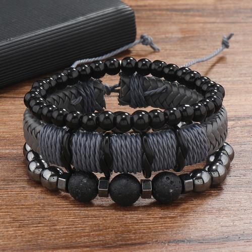 PU Leather Bracelet Set with Glass & Zinc Alloy handmade multilayer & for man Length Approx 6.5-7.5 Inch Sold By Set