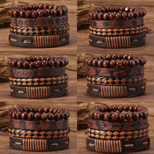 PU Leather Bracelet Set with Wax Cord & Wood handmade vintage & multilayer & Unisex Sold By Set