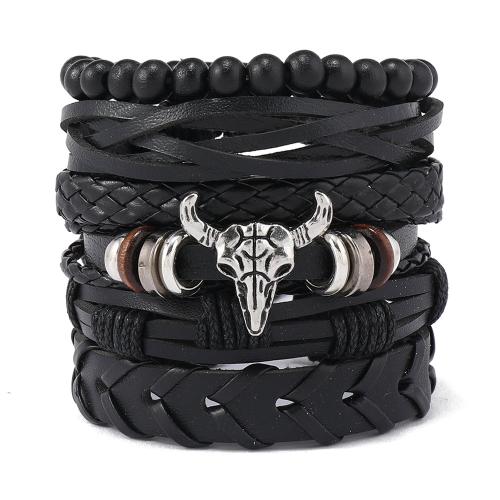 PU Leather Bracelet Set with Wax Cord & Wood & Zinc Alloy handmade multilayer & Unisex Sold By Set