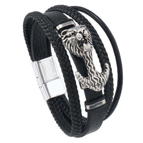 PU Leather Bracelet with Zinc Alloy Lion handmade multilayer & punk style & for man Length Approx 8.5-8.7 Inch Sold By PC