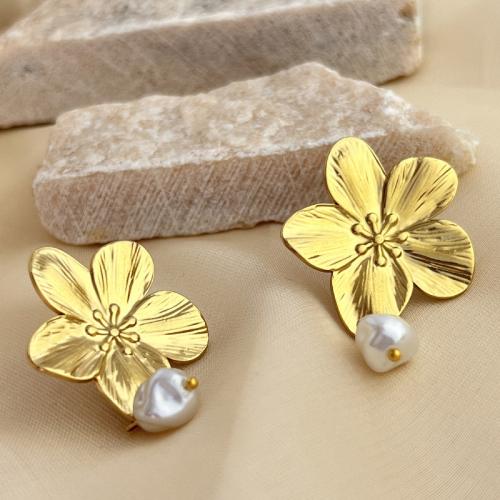 Roestvrij staal Stud Earrings, 304 roestvrij staal, met 201 Roestvrij staal & Plastic Pearl, mode sieraden & voor vrouw, gouden, 45x31mm, Verkocht door pair