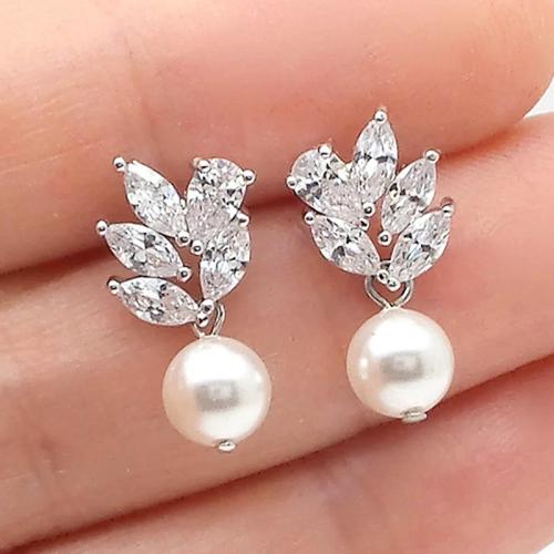 Cubic Zirconia Micro Pave Brass Earring with Plastic Pearl fashion jewelry & micro pave cubic zirconia & for woman Sold By Pair