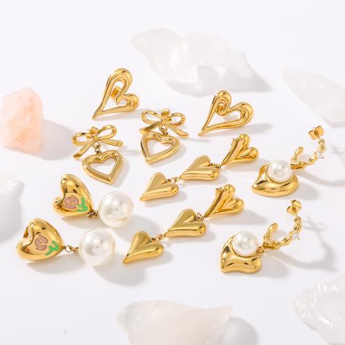 Roestvrij staal hangoorbellen, 304 roestvrij staal, met Plastic Pearl, gold plated, verschillende stijlen voor de keuze & voor vrouw & glazuur, meer kleuren voor de keuze, Verkocht door pair