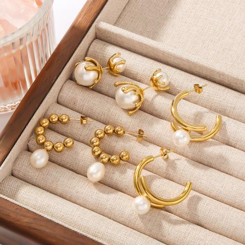 Stainless Steel Stud Earrings 304 Stainless Steel with Plastic Pearl gold color plated & for woman Sold By Pair