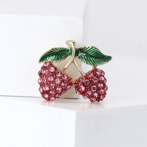 Zinc Alloy Brocher, Strawberry, guldfarve belagt, for kvinde & med rhinestone, rød, nikkel, bly & cadmium fri, Solgt af PC