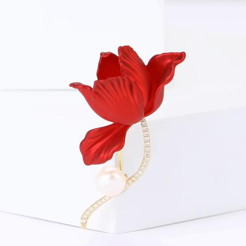 Zinc Alloy Brooches with Plastic Pearl Flower gold color plated micro pave cubic zirconia & for woman red nickel lead & cadmium free Sold By PC