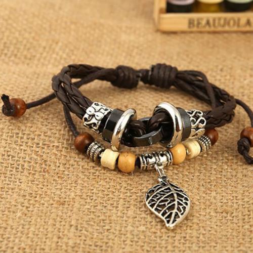 PU Leather Cord Bracelets with Wood & Zinc Alloy fashion jewelry & multilayer & Unisex 17CM long pull rope length 9-10CM Sold By PC