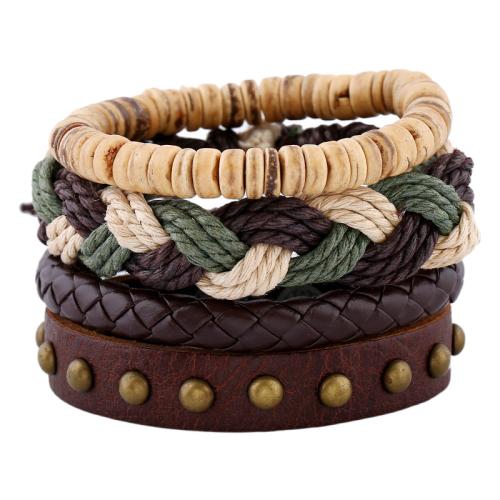 Bracelets cordon PU, cuir PU, avec Chanvre & noix de coco & alliage de zinc, 4 pièces & bijoux de mode & unisexe, couleurs mélangées, Diameter of about 6CM, woven bracelet flat 17-18CM, Vendu par PC