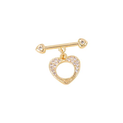 Chiusura Toggle in ottone, Cuore, placcato oro vero, DIY & Micro spianare cubic zirconia, dorato, O buckle 12x12mm T buckle 20x4mm, Venduto da PC