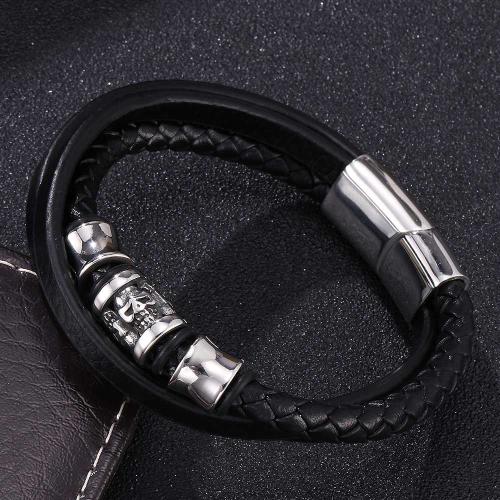 PU Leather Cord Bracelets 304 Stainless Steel with PU Leather Vacuum Ion Plating three layers & for man Sold By PC