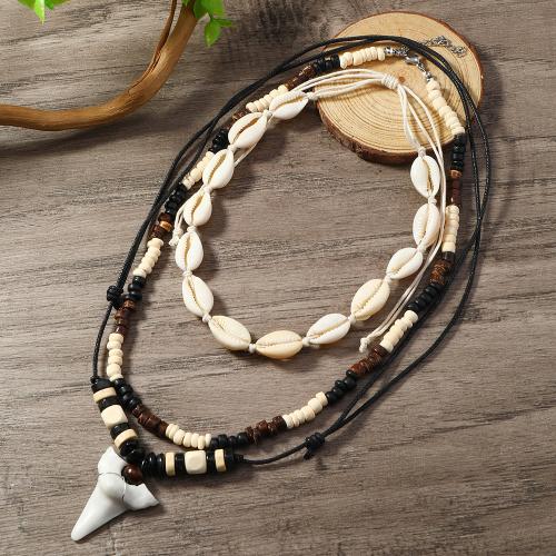 Shell Necklace with Coconut & Wax Cord & Wood & Resin handmade multilayer & for man Length Approx 15.7-27.6 Inch Sold By PC