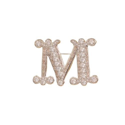 Brass Brooch Letter M platinum color plated micro pave cubic zirconia & for woman Sold By PC