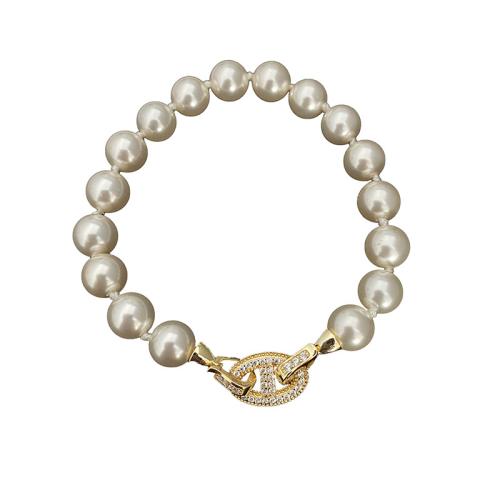 Glass Pearl Bracelet with Brass handmade ball chain & for woman & with rhinestone Length Approx 7 Inch Sold By PC